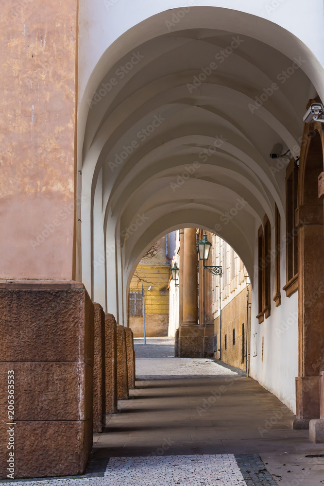 Sidewalk under an arcade, Prague, Czech republic. Sidewalk under an arcade, Prague, Czech republic.