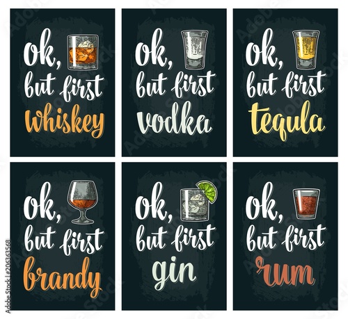 Glass drink with brandy, tequila, gin, vodka, rum, whiskey. Engraving