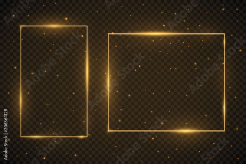 Makeup mirror isolated with gold lights. Vector square and round frames illustration