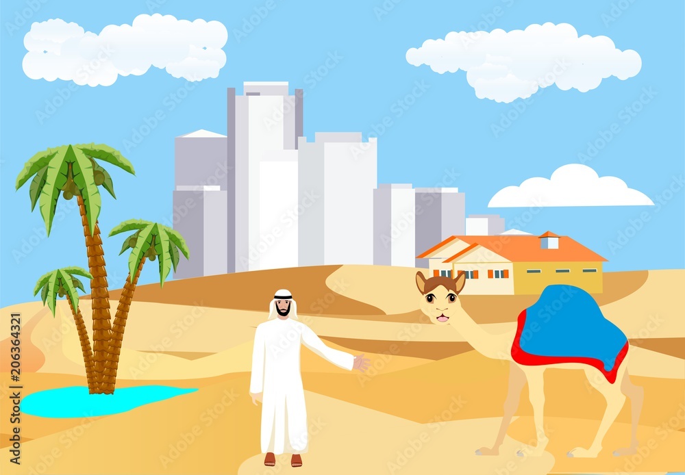 Desert vector landscape, arabian man cityscape, camel, urban buildings, yellow sand barhans mountains, concept illustration