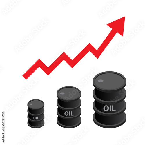 Black oil barrel isometric with red arrow, concept of increasing crude oil price