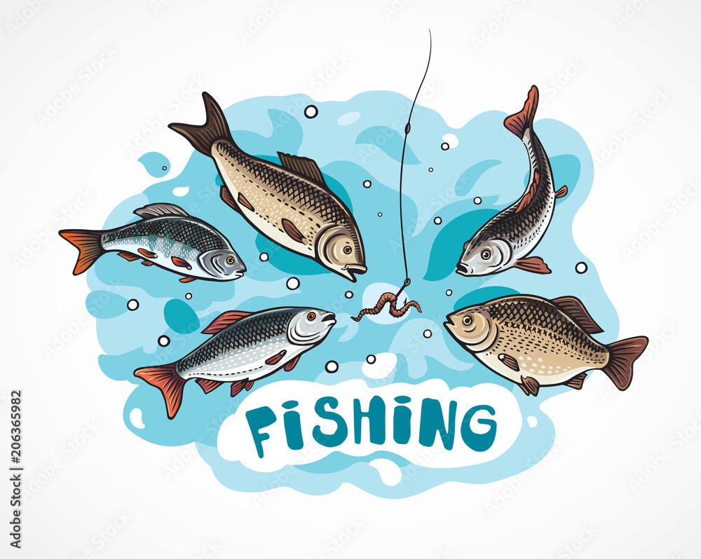 Illustration about fishing in cartoon style, hungry fish attack to