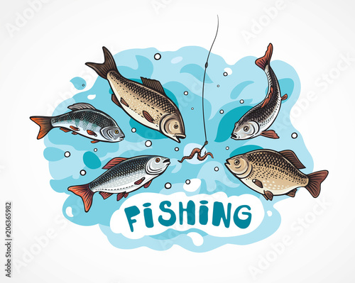 Illustration about fishing in cartoon style, hungry fish attack to the a hook (bait).