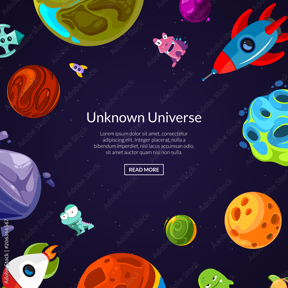 Obraz premium Vector background with place for text with cartoon space planets and ships