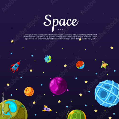 Vector background with cartoon space planets and ships