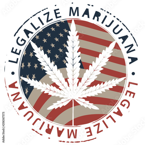 Vector banner for legalize marijuana with hemp leaf on the background of american flag. Natural product made from organic hemp. Smoking weed. Medical cannabis logo