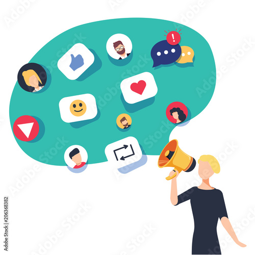 Social media, networking and chatting texting. Communication with online community with posts, comments and news