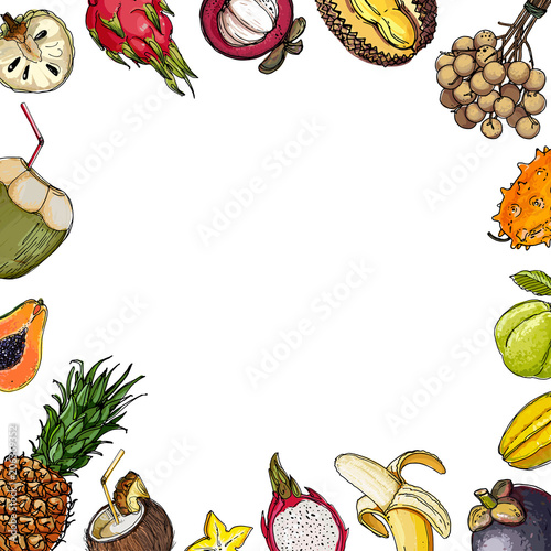 Fruits drawn by a line on a white background