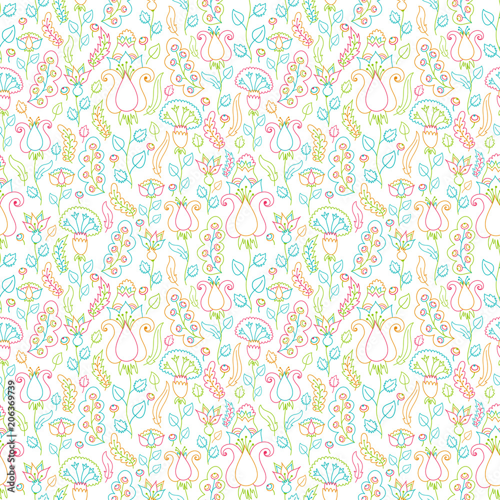 Seamless background with floral patterns. Summer ornament. Vintage Pattern. Elements of flowers and leaves. Vector illustration. Used for wallpaper, printing on the packaging paper, textiles.