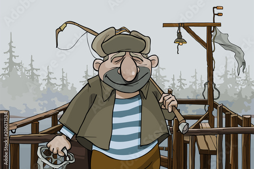 cartoon man fisherman standing on the village pier