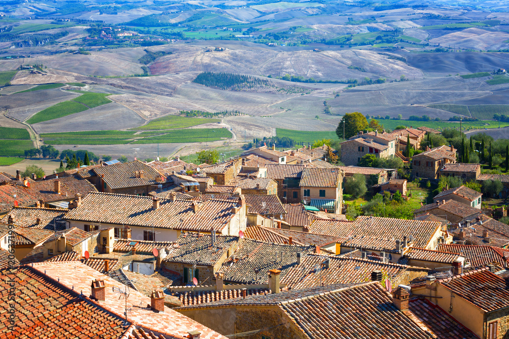 Top View of the medieval town of Montalcino and vineyards. Tuscany, Italy