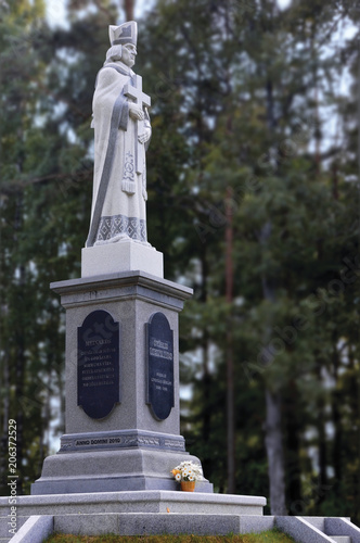 St. Meinard, First Bishop of Livonia Statue, Memorial Monument Sculpture, Ikshkile, Latvia, Baltics, Large Detailed Vertical Closeup photo