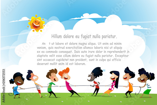 Fun cartoon boys and girls pulling rope.