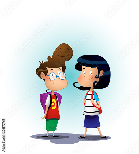 Two school children on blue background.