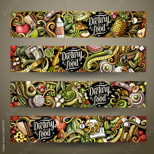 Cartoon cute colorful vector hand drawn doodles Diet food horizontal banners