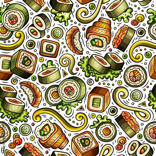 Cartoon cute hand drawn Japan food seamless pattern