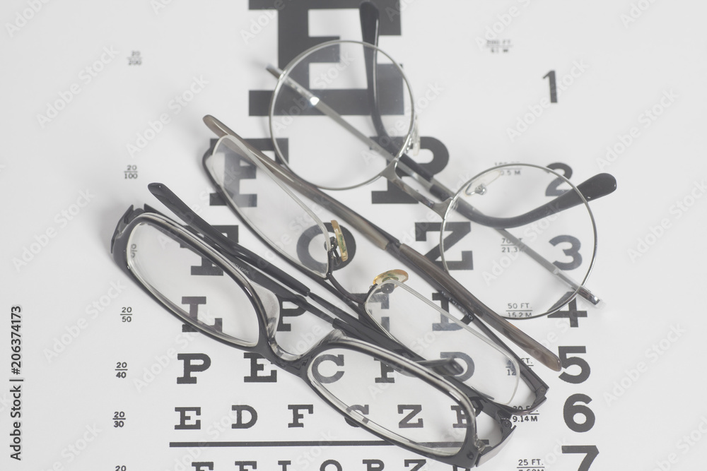 Fototapeta premium Eyeglasses on eyesight test chart background.