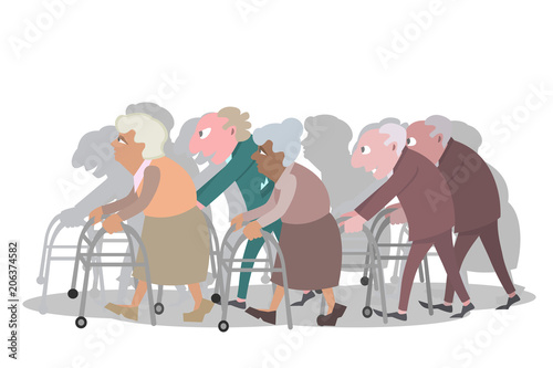 groupe of old people walking with walkers