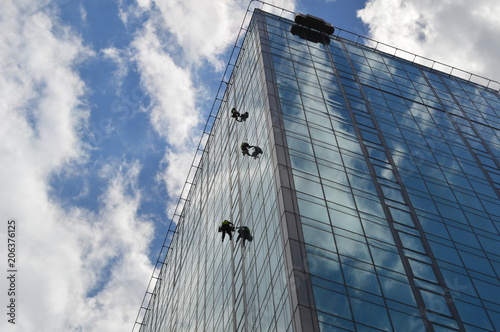 Window washer at skyscraper