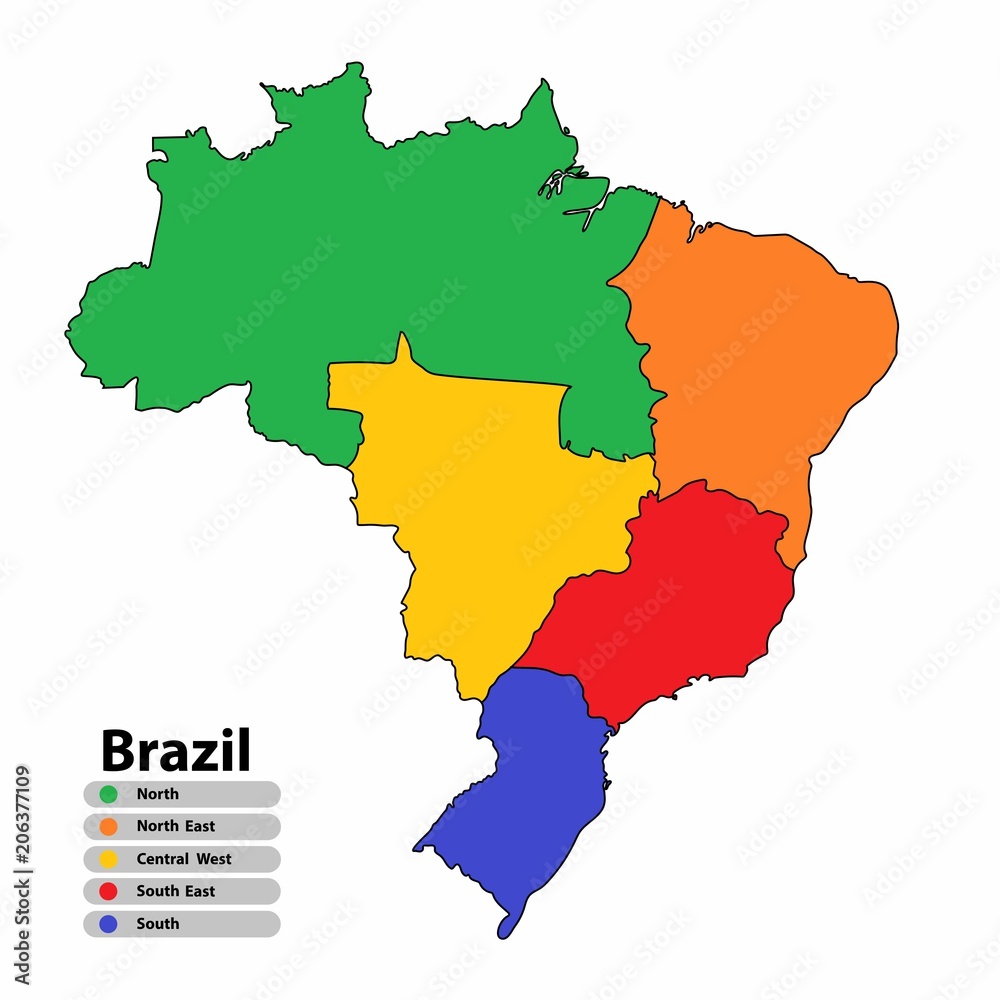 Brazil map of multi-color with countries and capital cities on white background. Vector illustration