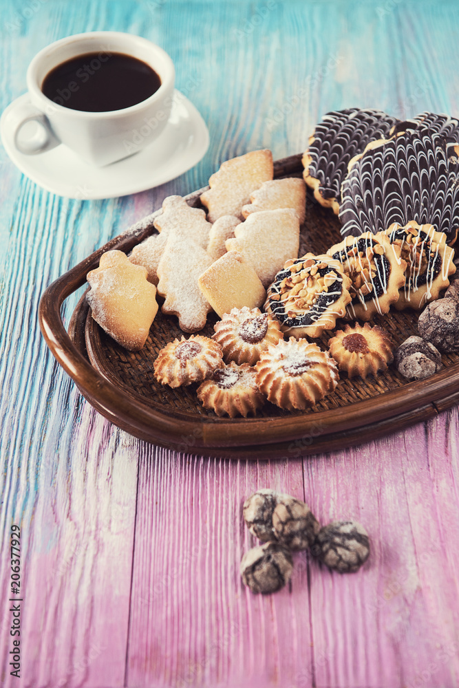 Tasty different cookies set on a color gradient background Tasty different cookies set on a color gradient background