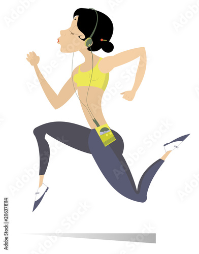  Running young woman isolated illustration. Cartoon young woman runs and listens music on player using headphones isolated on white illustration   