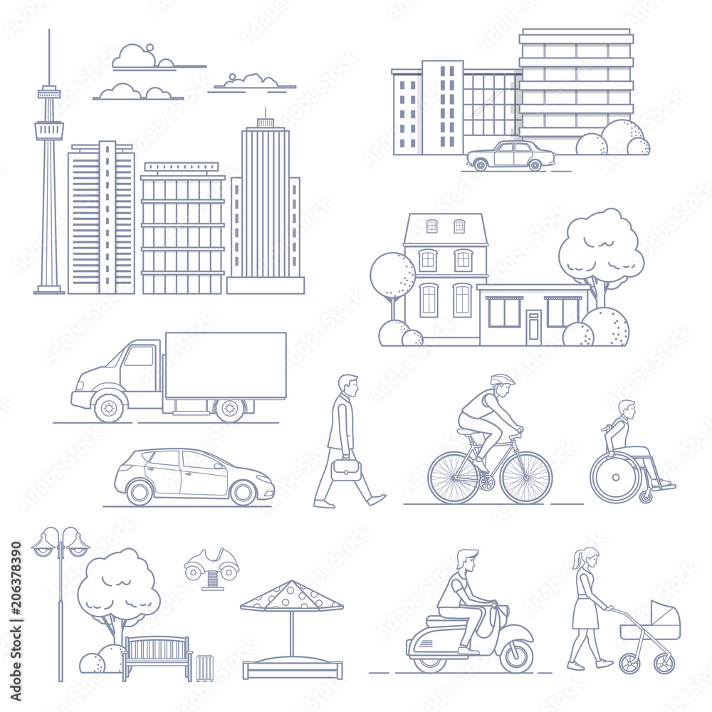 Set of modern city elements in line art style Stock Vector | Adobe Stock