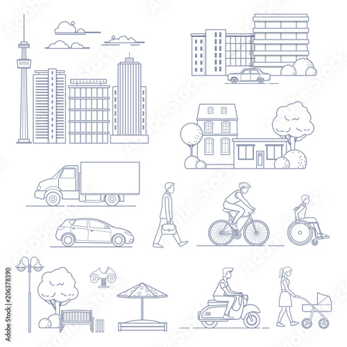 Set of modern city elements in line art style