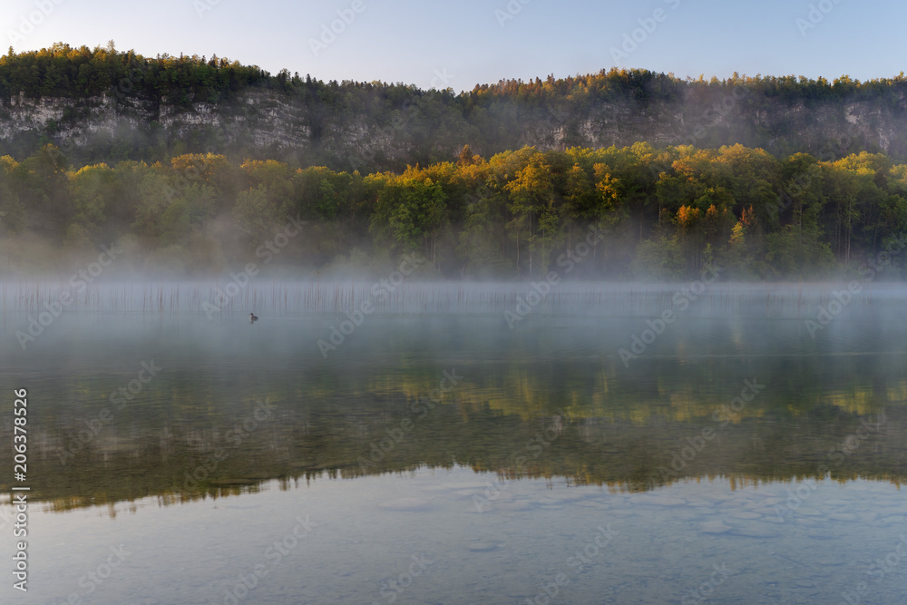 French landscape - Jura. View over the lake of Ilay in the Jura mountains (France) at sunrise.