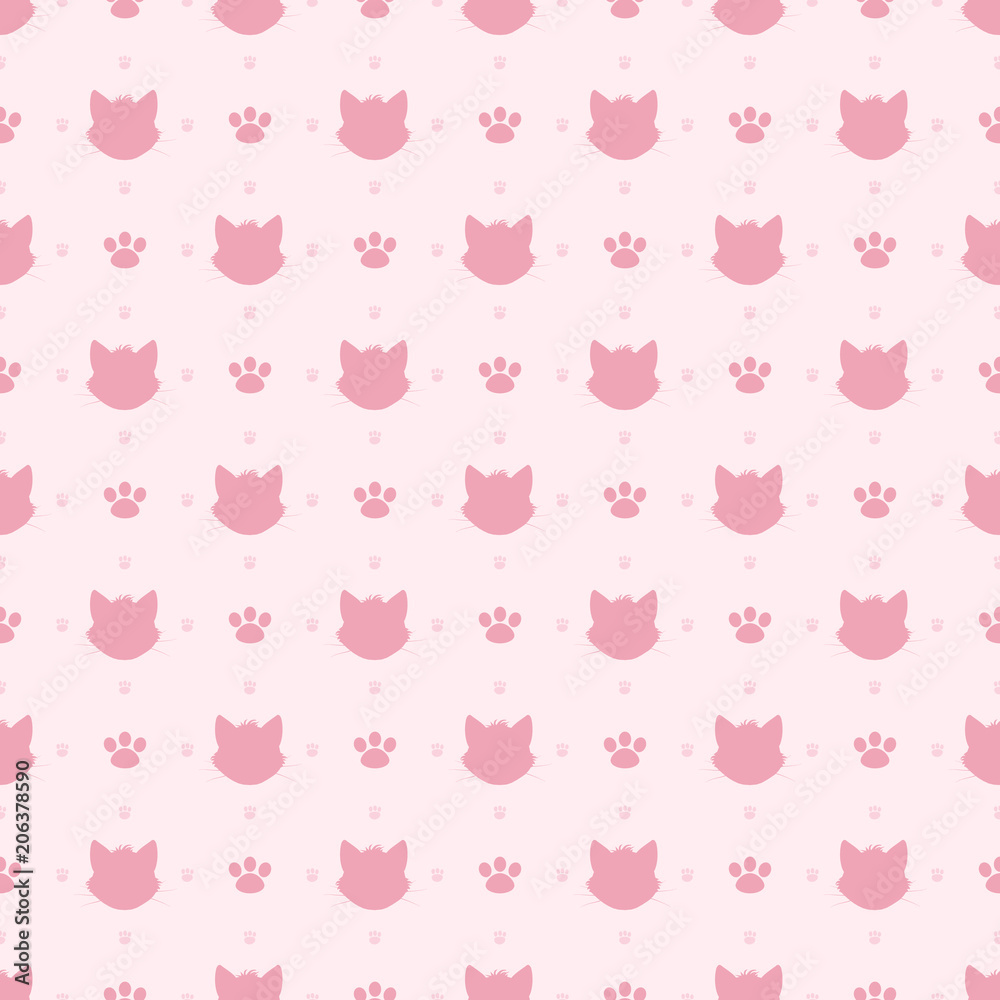 Cute cat. Seamless pink pattern with silhouette of the cat face.