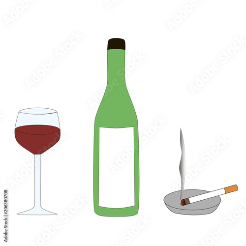 The symbols of a persons bad habits are alcohol and cigarette isolated by a white background.