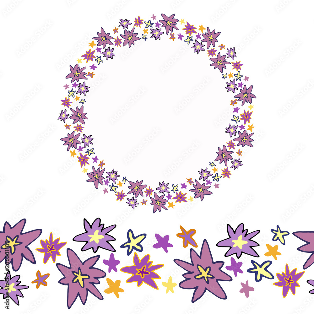Round flower frame and seamless pattern of fantastic flowers. Vector background illustration. Round flower frame and seamless pattern of fantastic flowers. Vector background illustration.