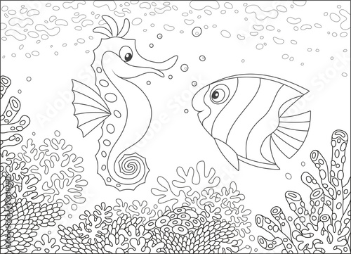 Exotic seahorse and a butterflyfish swimming among corals on a reef in a tropical sea, black and white vector illustration in a cartoon style for a coloring book