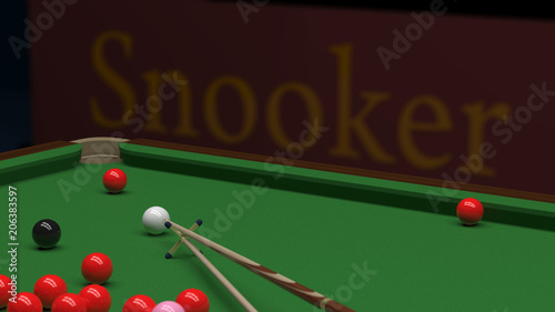 Snooker balls on green billiard table and cue game position on reds with DOF 3d illustration