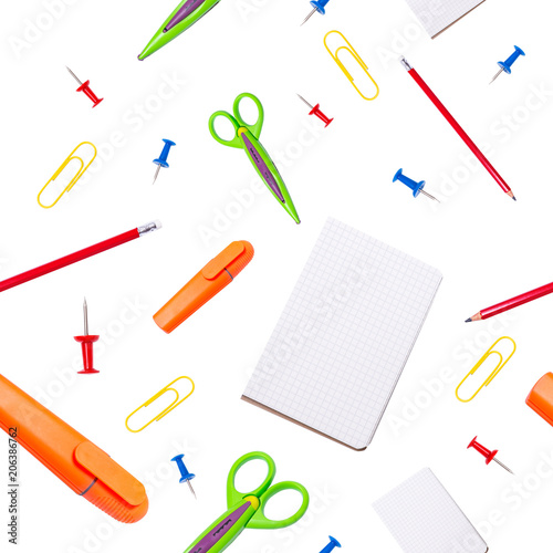 Stationaty tools on white background, seamless pattern, Back to School concept