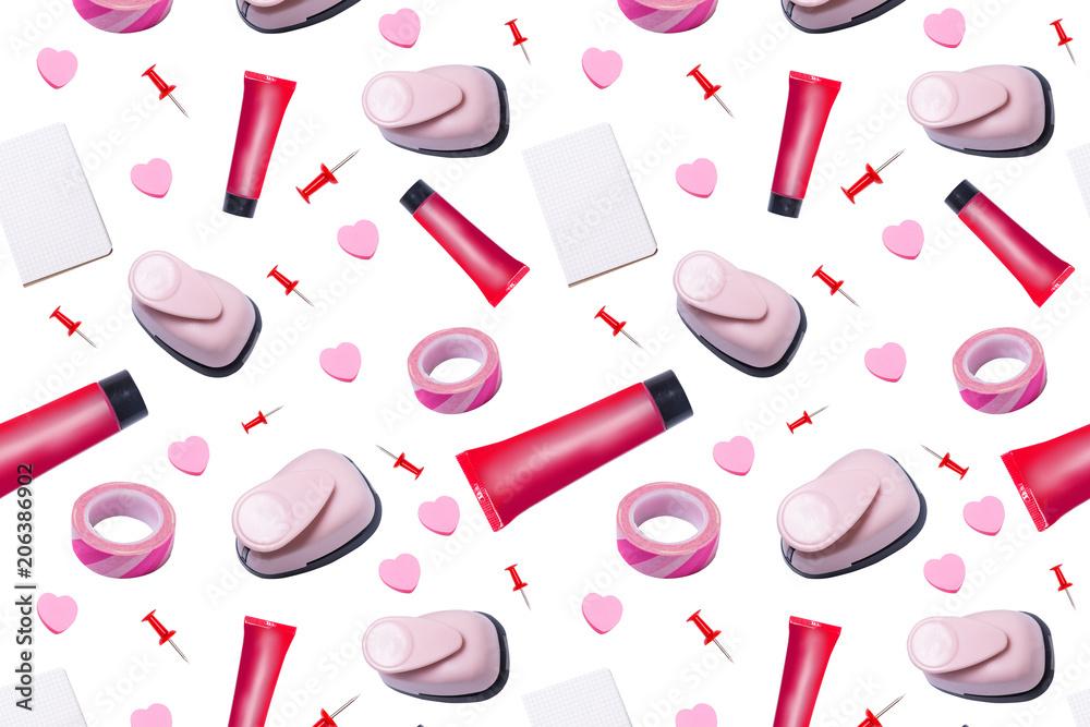 Stationary tools on white background, seamless pattern, paper craft Stationary tools on white background, seamless pattern, paper craft