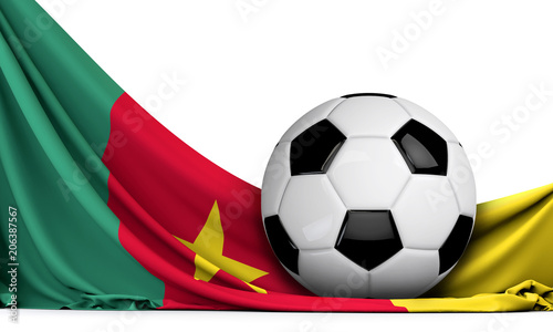 Soccer ball on the flag of Cameroon. Football background. 3D Rendering