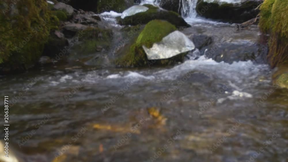 tilt dolly of icy waterfall with moss rocks and foamy water tilt dolly of icy waterfall with moss rocks and foamy water