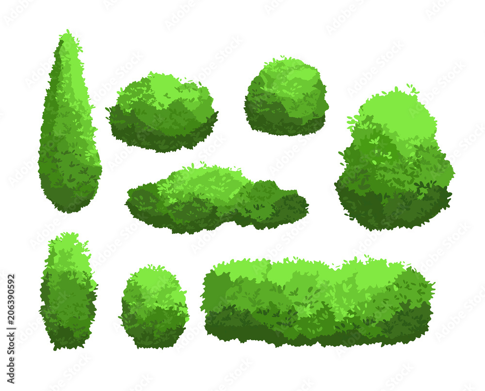 Vector illustration set of garden green bushes and decorative trees ...