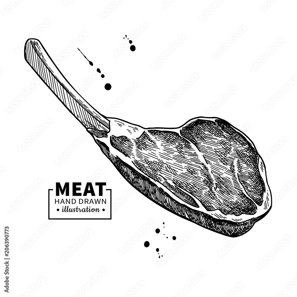 Prime rib vector drawing. Beef, pork or lamb Red meat hand drawn sketch