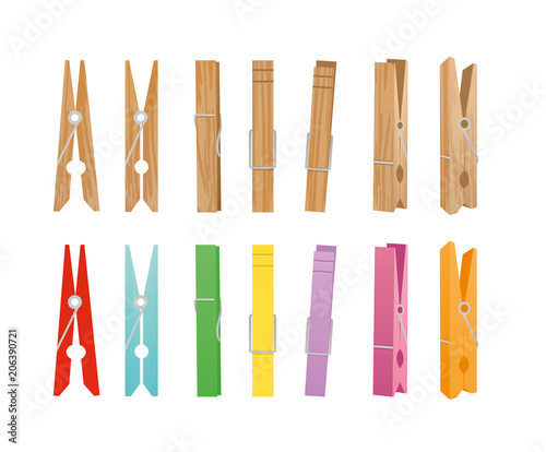 Vector illustration of wooden and clothespin collection on white background. Clothespins in different bright colors and positions for household in flat style. photo