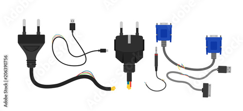 Vector illustration set of broken electric cables isolated on white background. Collection of cables and wires in flat cartoon style.