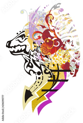 Freakish dragon head with red hearts. Grunge abstract head of a young dragon with arrows and colorful splashes on a white background