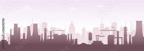 Vector illustration of industrial buildings silhouette skyline. Modern city landscape, factory pollution in flat style.
