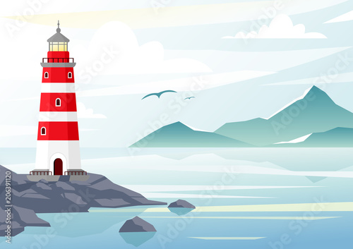 Vector illustration of blue sea background with waves and mountains. lighthouse on the rocks, sea landscape with blue sky, fog.