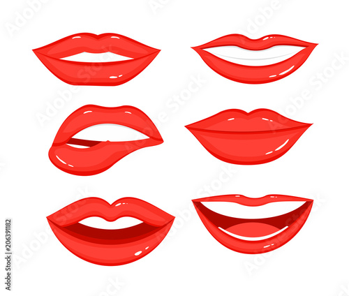 Vector Illustration collection of red lips with white teeth, different positions and emotions of women mouth on white background in flat style.
