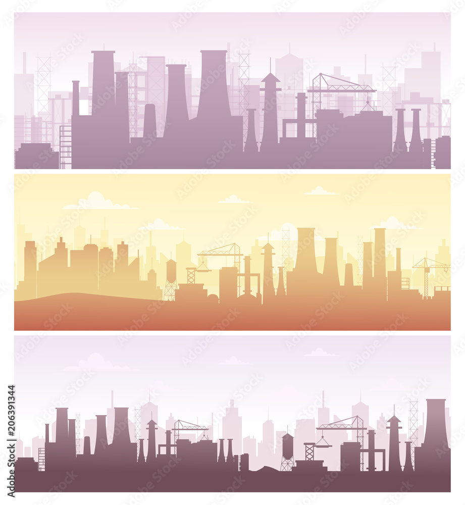 Vector illustration set of industrial backgrounds, banners. Collection of manufacture landscapes with pollution, factory silhouettes in pastel colors, flat style.