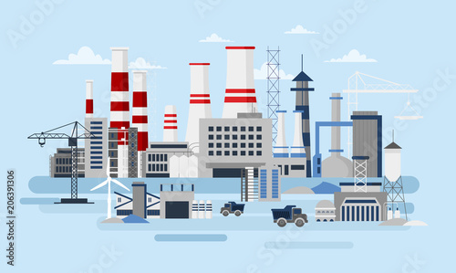 Vector illustration of big manufacturer with a lot of buildings and cars. Ecology Concept, factory pollution, industry in flat style.