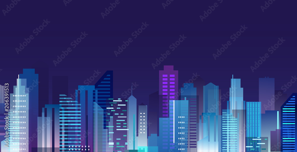 Vector illustration of beautiful night city, skyscrapers lights in night metropolis, skyline in flat style.