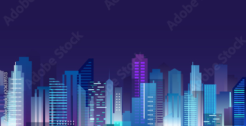 Vector illustration of beautiful night city  skyscrapers lights in night metropolis  skyline in flat style.